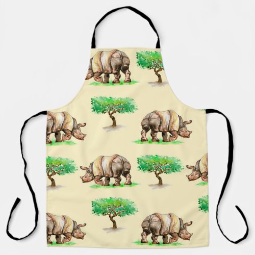Watercolor Rhino Hand Painted Pattern Apron