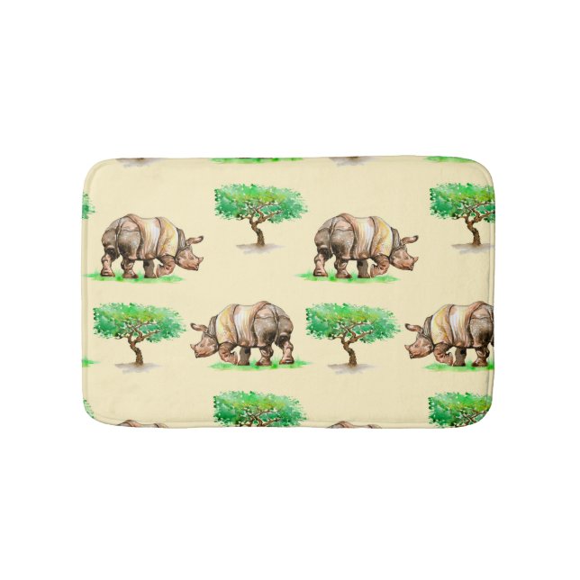 Watercolor Rhino: Hand Painted Pattern. Bath Mat (Front)