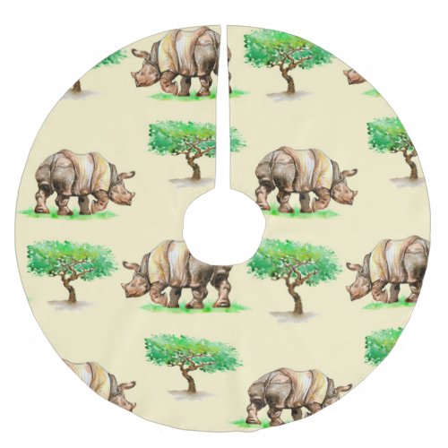 Watercolor Rhino Hand Painted Pattern Brushed Polyester Tree Skirt