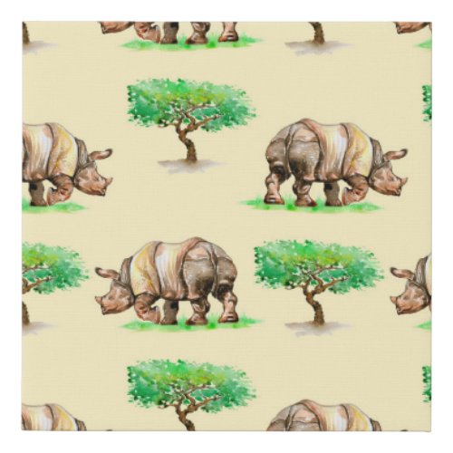Watercolor Rhino Hand Painted Pattern Faux Canvas Print