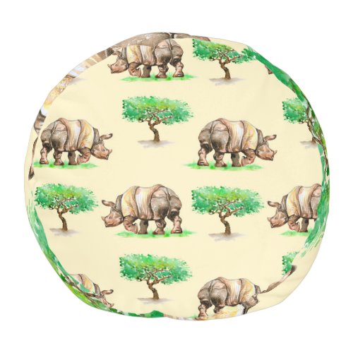 Watercolor Rhino Hand Painted Pattern Pouf