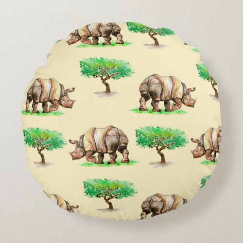 Watercolor Rhino Hand Painted Pattern Round Pillow