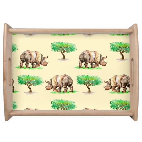 Watercolor Rhino Hand Painted Pattern Serving Tray