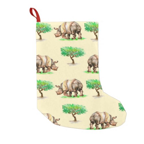 Watercolor Rhino Hand Painted Pattern Small Christmas Stocking