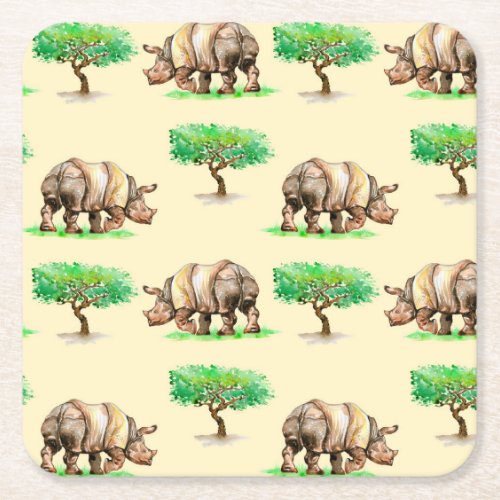 Watercolor Rhino Hand Painted Pattern Square Paper Coaster