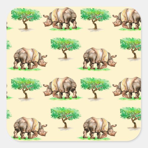 Watercolor Rhino Hand Painted Pattern Square Sticker