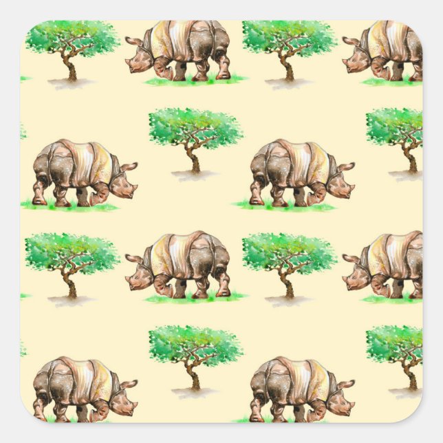 Watercolor Rhino: Hand Painted Pattern. Square Sticker (Front)