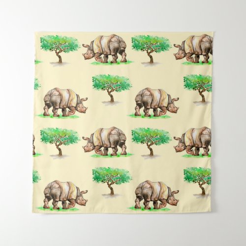 Watercolor Rhino Hand Painted Pattern Tapestry
