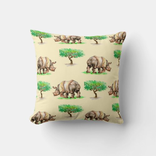 Watercolor Rhino Hand Painted Pattern Throw Pillow