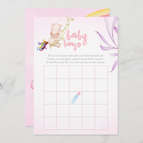 Watercolor Rhino Unicorn Baby Girl Shower Bingo Invitation