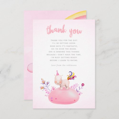 Watercolor Rhino Unicorn Baby Girl Shower Thanks Invitation