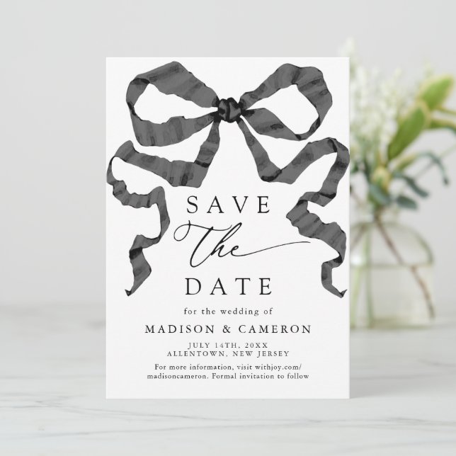 Watercolor Ribbon Bow Black and White Save The Date (Standing Front)