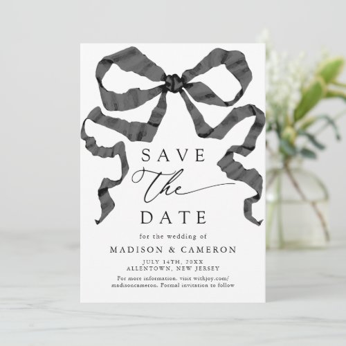 Watercolor Ribbon Bow Black and White Save The Date