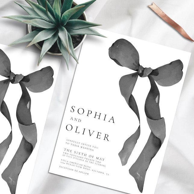 Watercolor Ribbon Bow Black and White Wedding Invitation (Creator Uploaded)