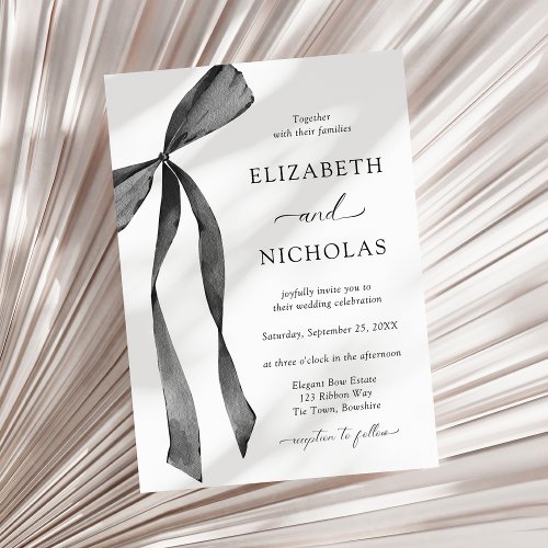 Watercolor Ribbon Bow Black and White Wedding Invitation