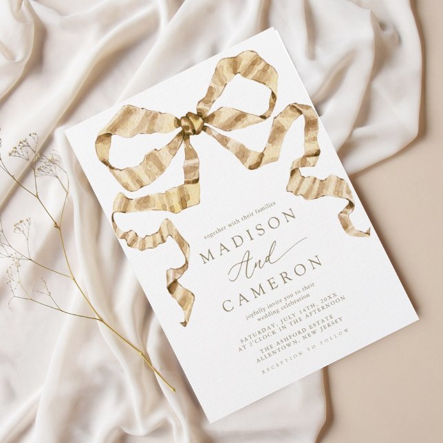Watercolor Ribbon Bow Gold and White Wedding Invitation (Creator Uploaded)