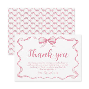 Watercolor Ribbon Pink Bow Girl Ribbon Baby Shower Thank You Card