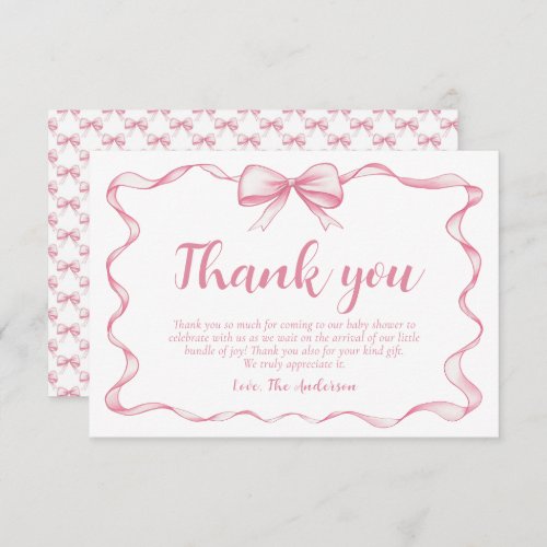Watercolor Ribbon Pink Bow Girl Ribbon Baby Shower Thank You Card