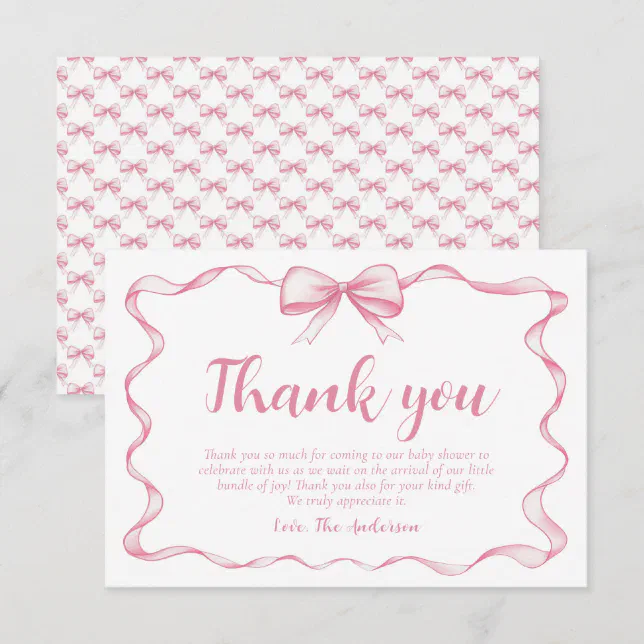 Watercolor Ribbon Pink Bow Girl Ribbon Baby Shower Thank You Card | Zazzle