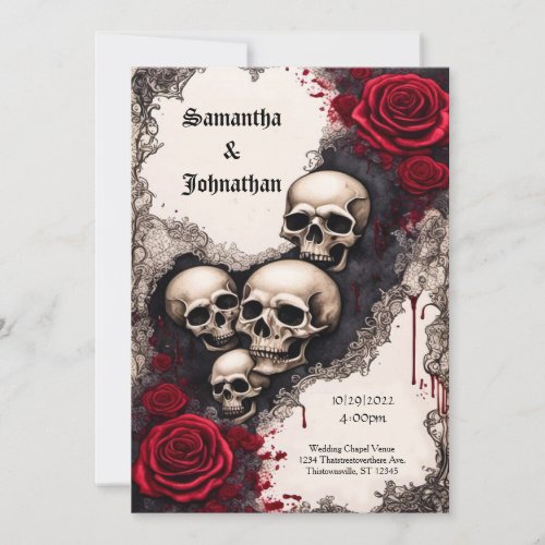 Watercolor Ribbon Skull and Roses Goth Wedding Invitation