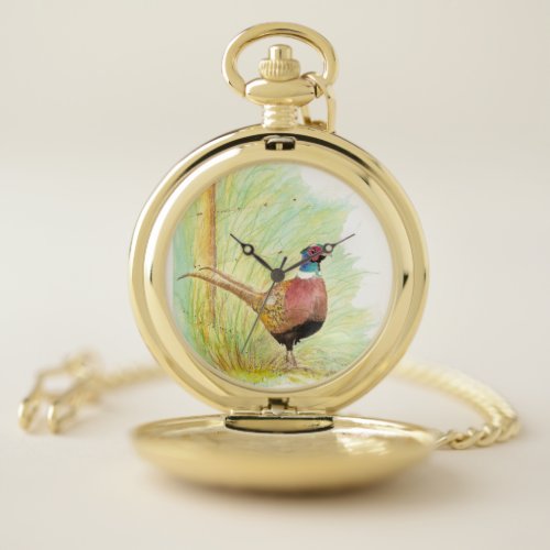 Watercolor Ring_Necked Pheasant Game Bird Pocket Watch