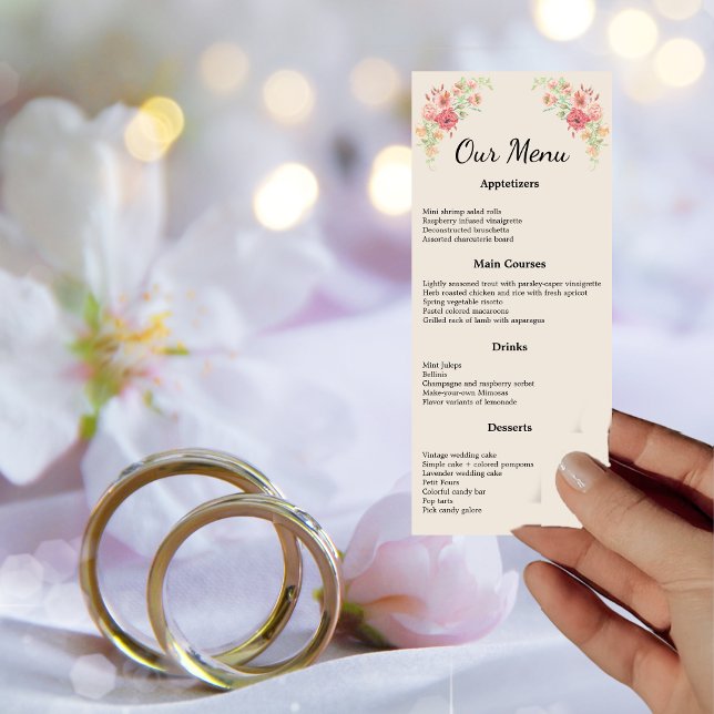 Watercolor Ring of Flowers on Beige Menu Card (Creator Uploaded)