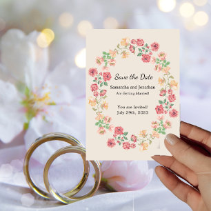Watercolor Ring of Flowers on Beige Save the Date Invitation