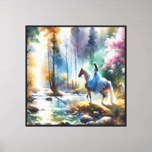 Watercolor River Horsewoman Forest Light Canvas Print