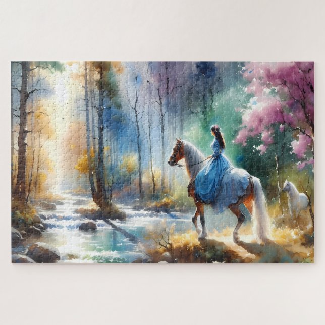 Watercolor River Horsewoman Forest Light Jigsaw Puzzle (Horizontal)