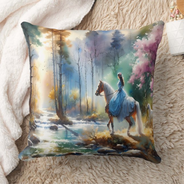 Watercolor River Horsewoman Forest Light Throw Pillow (Blanket)