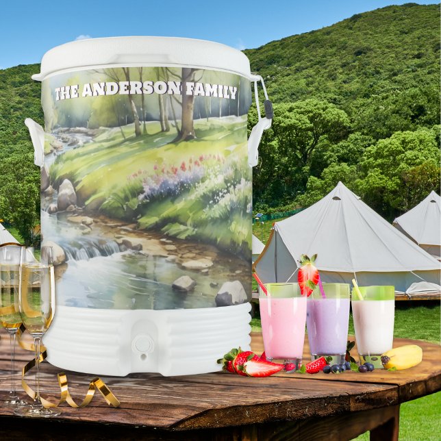 Watercolor River Spring Landscape Personalized Beverage Cooler (A personalized drinks cooler with picture of a Spring landscape with river, in a watercolor style)