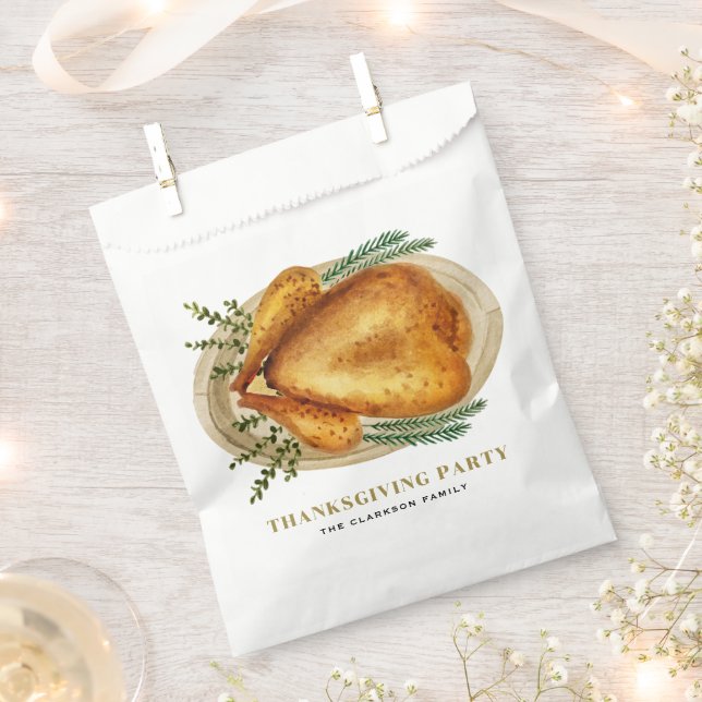 Watercolor Roasted Turkey Dinner Thanksgiving Favor Bag (Clipped)