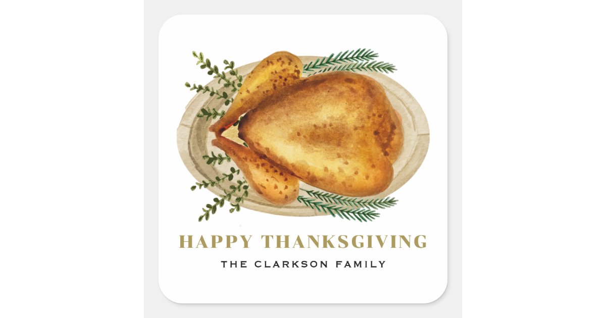 Watercolor Roasted Turkey Dinner Thanksgiving Square Sticker | Zazzle