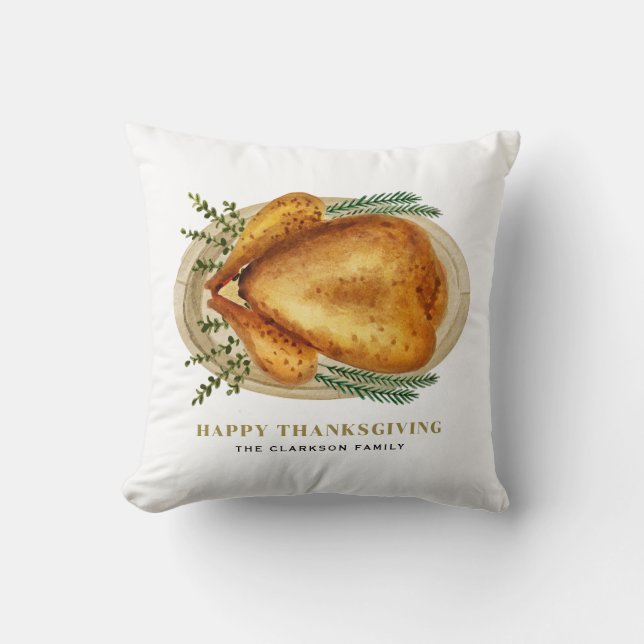 Watercolor Roasted Turkey Dinner Thanksgiving Throw Pillow (Front)