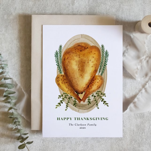 Watercolor Roasted Turkey Happy Thanksgiving Holiday Card (Creator Uploaded)