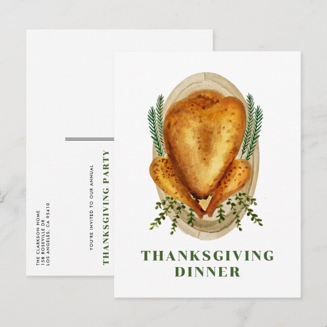 Watercolor Roasted Turkey Thanksgiving Dinner Invitation Postcard (Front/Back)