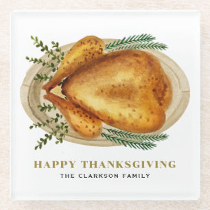 Watercolor Roasted Turkey Thanksgiving Party Glass Coaster