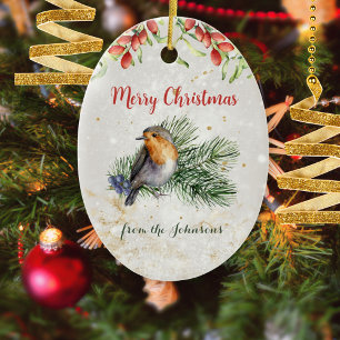 Watercolor Robin Bird Photo Christmas Keepsake Ceramic Ornament