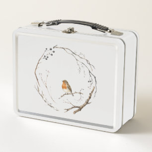 Watercolor Robin Bird Wreath Lunch Box, Vintage Wi Metal Lunch Box