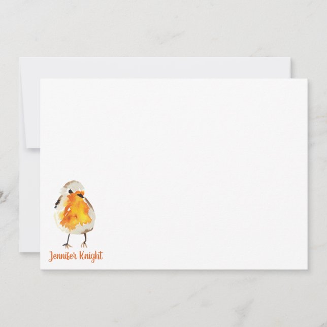 Watercolor Robin & Feathers Stationery Flat Card (Front)