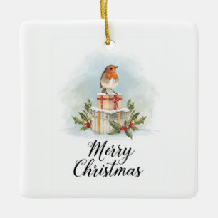 Watercolor Robin Gifts Holly Merry Christmas Ceramic Ornament