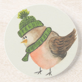 Watercolor Robin in a Green Hat and Scarf Coaster