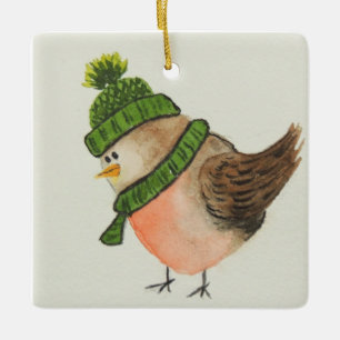Watercolor Robin in Green Scarf and Hat Ceramic Ornament