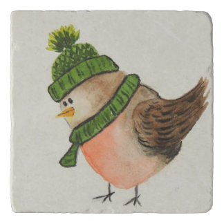 Watercolor Robin in Green Scarf and Hat Trivet