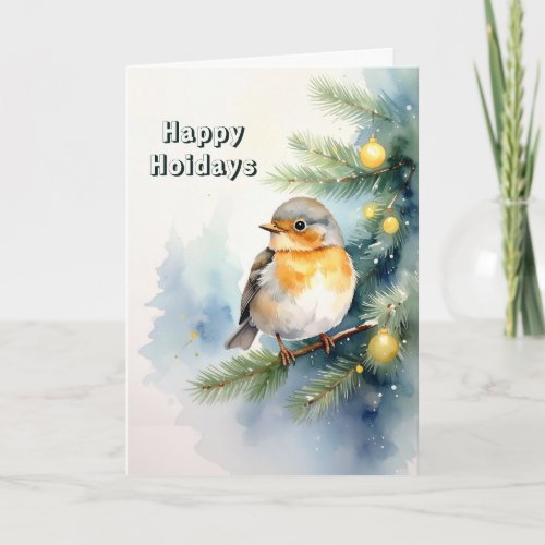 Watercolor Robin on a Pine Branch Holiday Card