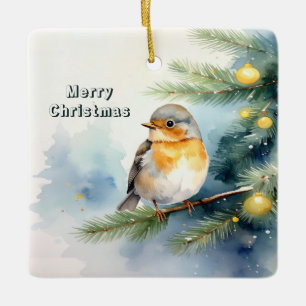 Watercolor Robin on a Pine Branch Ornament