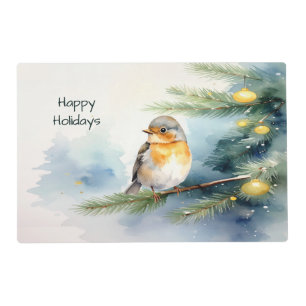 Watercolor Robin on a Pine Branch Paper Placemat