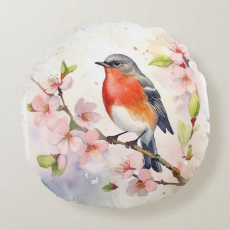 Watercolor Robin on Spring Cherry Blossom Branch Round Pillow