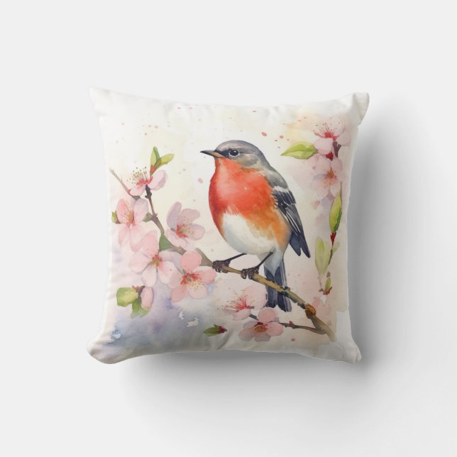 Watercolor Robin on Spring Cherry Blossom Branch Throw Pillow (Front)
