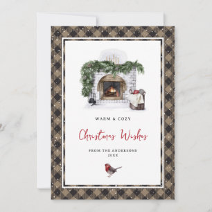 Watercolor Robin Plaid Snow Christmas Wishes Holiday Card
